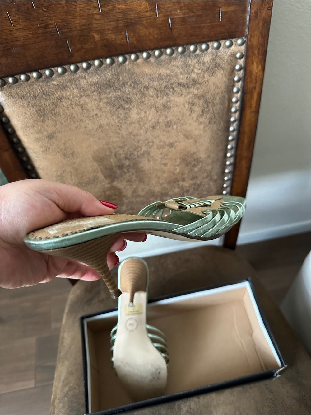 New York Transit Metallic Mint and Tan Slide Mules - Picture 10 of 12